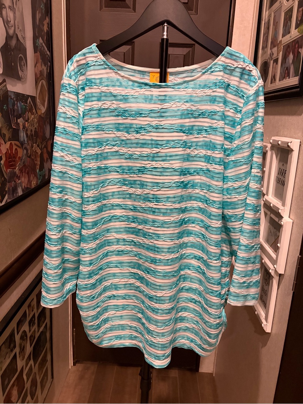 Ruby Rd. Turquoise & White Striped Long Sleeve Top